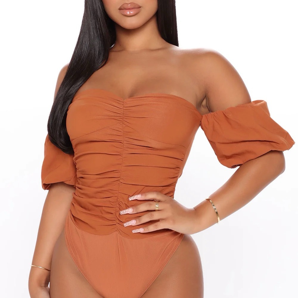 Fashion Nova Brown Puff Sleeve Ruched Bodysuit